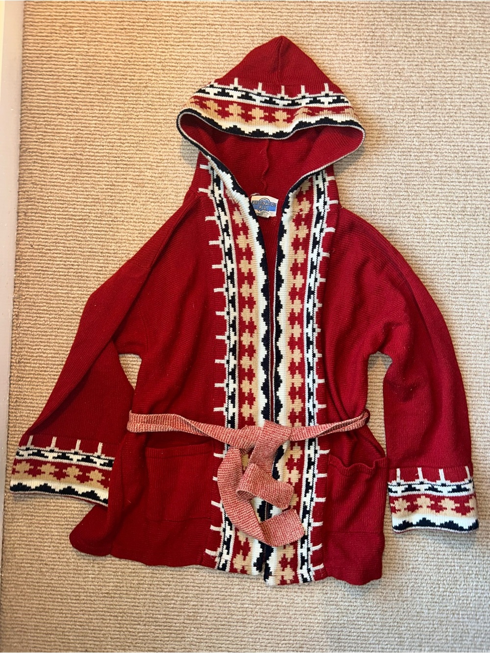 Red Hooded Sweater with Patterned Trim